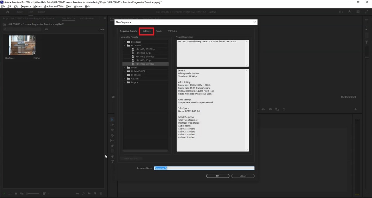 enter settings tab premiere pro