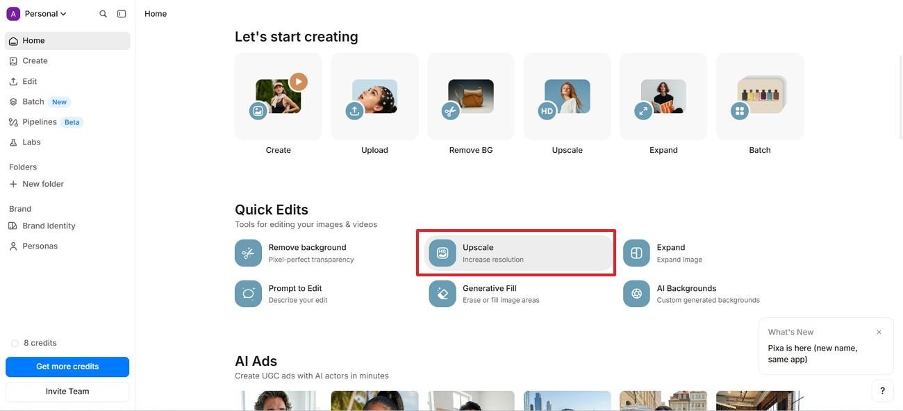 select upscale under quick edits