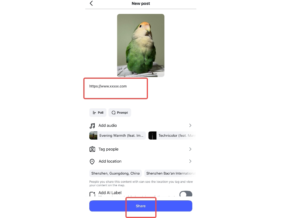 Add a link and caption to share the post