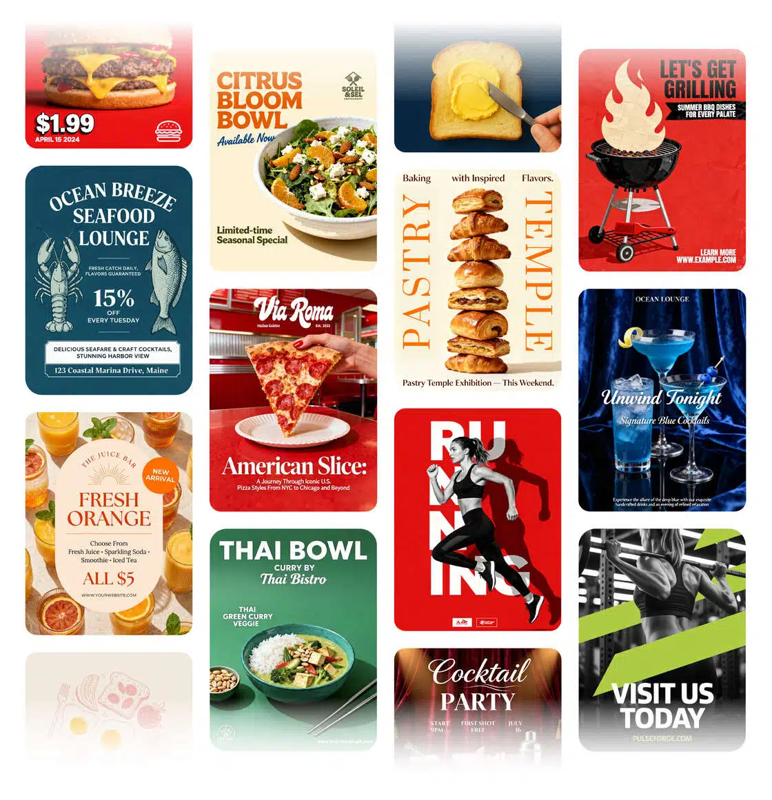 It showcases the stylistic versatility and professional quality of the AI Poster Generator by featuring 14 distinct posters that cover a wide range of uses, from retail sales and community events to nightlife promotion and fitness advertising. This broad display establishes the brand as a universal, high-quality design solution for everyone.