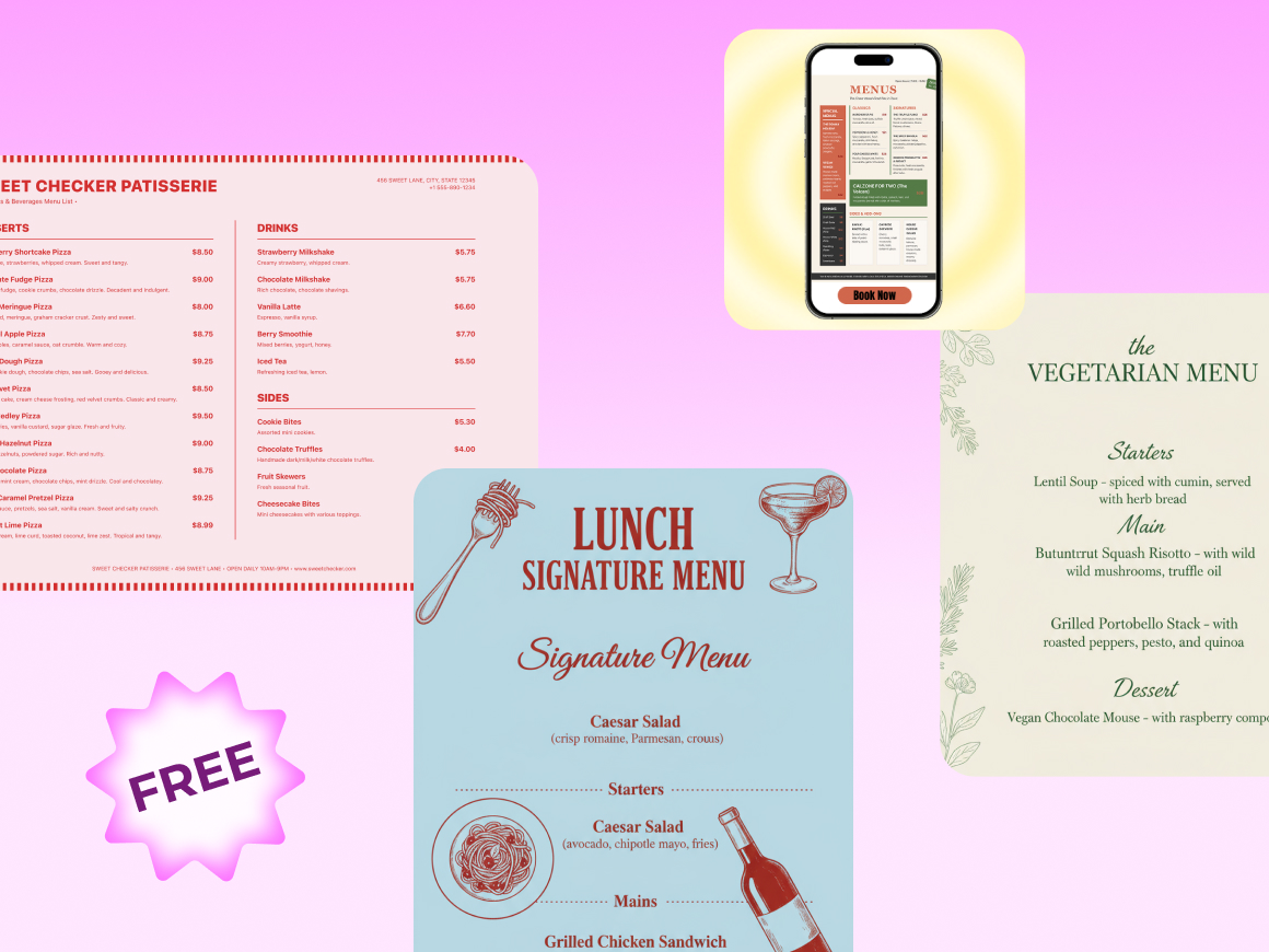 Collection of digital and print menu designs in multiple visual styles for different restaurant types.