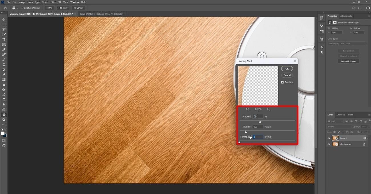 adjust radius and amount sliders