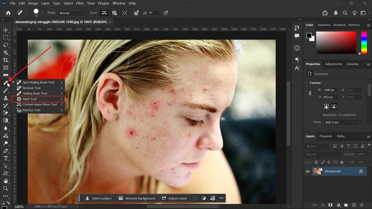 remove object using patch tool photoshop