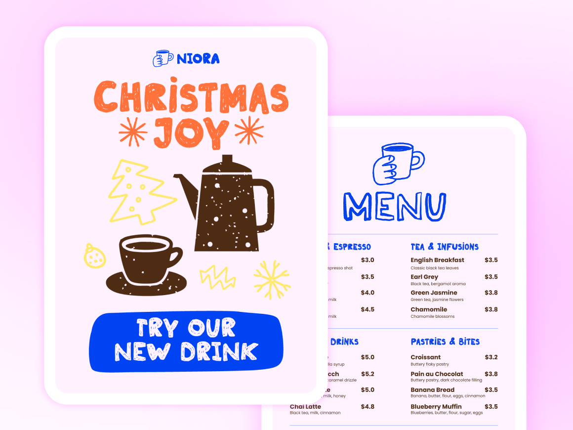 Menus generated for seasonal and holiday promotions, featuring festive themes and adaptable layouts.